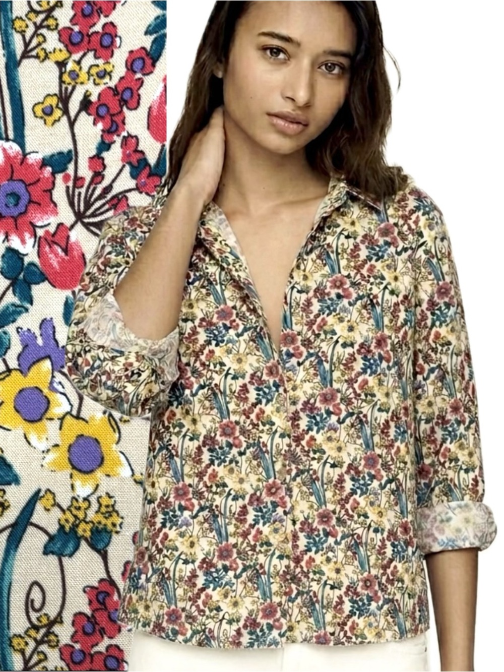 Big Dart Floral Print Long Sleeve Button Down Shirt Womens Size M High Lwo Hem